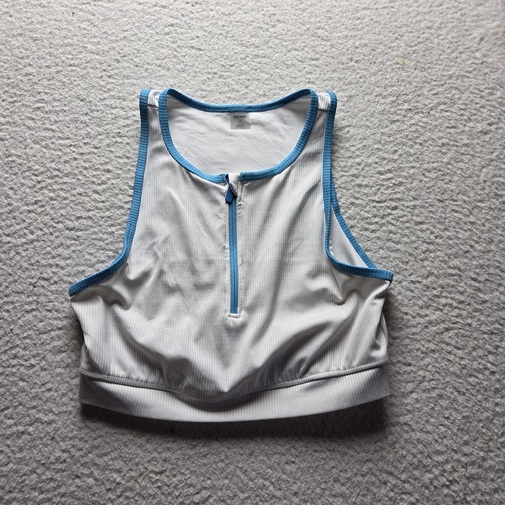 Old Navy Sports Bra Womens Large White Zip Front Racerback Lined Stretch Knit